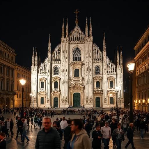 Il Duomo di Milano illuminato di notte, con persone che passeggiano nella piazza.