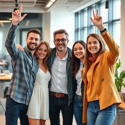 Un gruppo di giovani imprenditori festeggia il successo della loro startup in un moderno ufficio